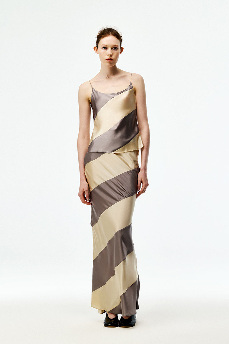 Gray and cream silk satin camisole top by Chictopia, featuring smooth fabric and delicate straps.