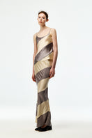 Chictopia silk satin maxi skirt in gray and cream with a flowing, elegant design and smooth fabric drape.