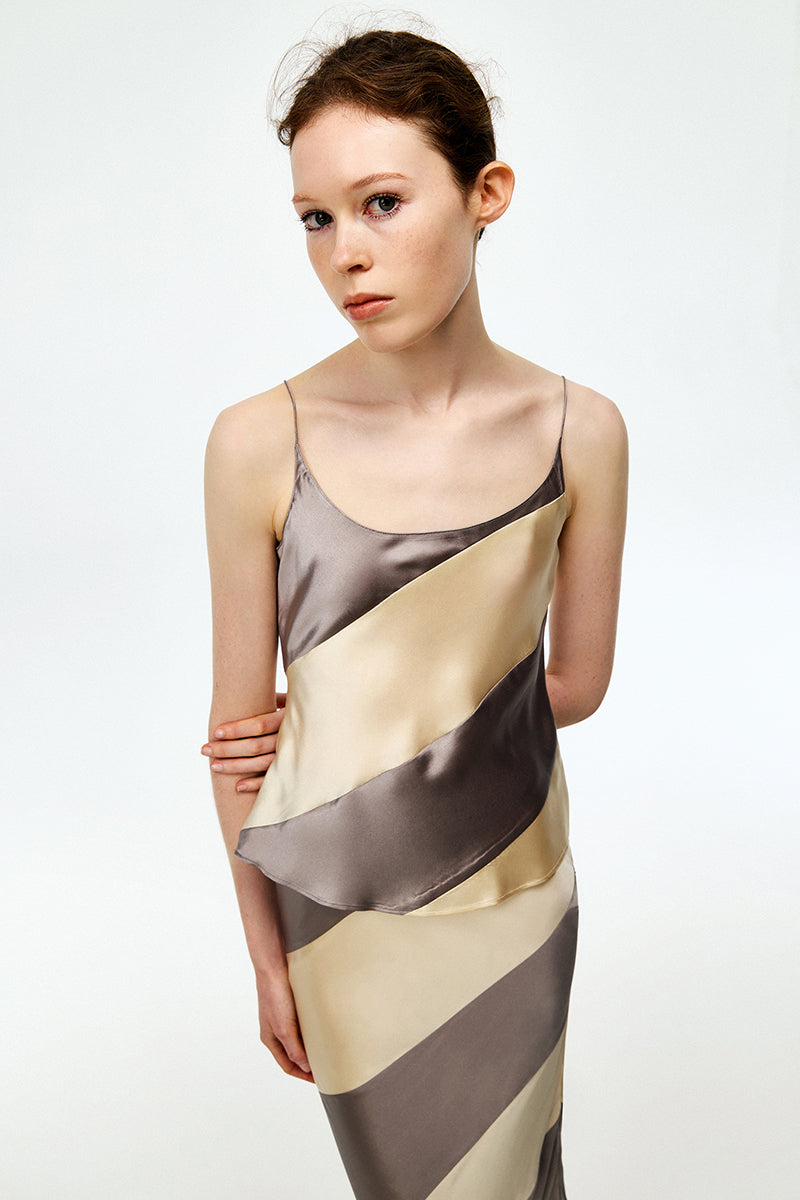 Gray and cream silk satin camisole top by Chictopia, featuring smooth fabric and delicate straps.