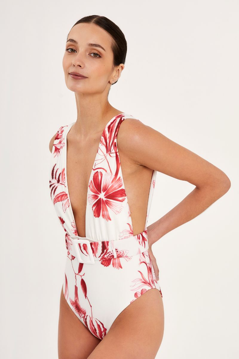 Aguaclara Rouge One-Piece Swimsuit featuring vibrant red fabric and sleek design, displayed on a model.