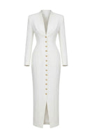 Keira Tong folded button maxi dress, elegant full-length dress with button details, displayed folded on a neutral background.