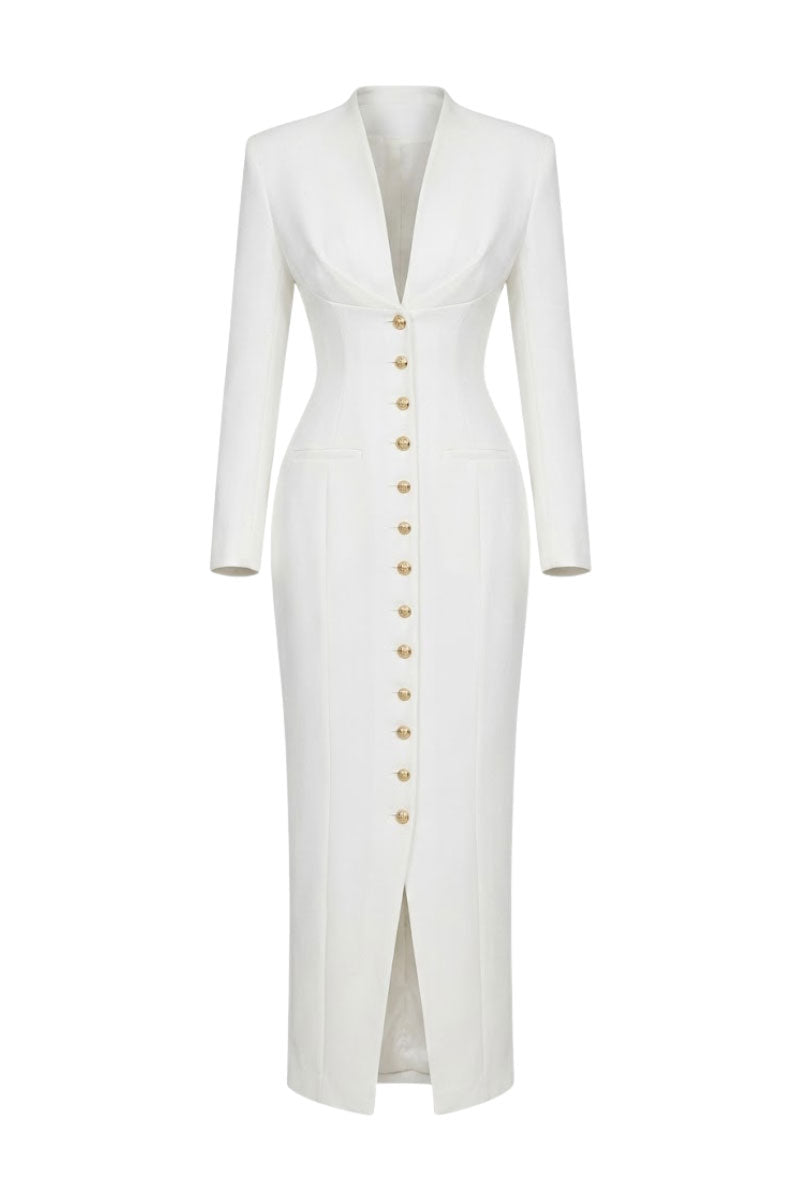 Keira Tong folded button maxi dress, elegant full-length dress with button details, displayed folded on a neutral background.