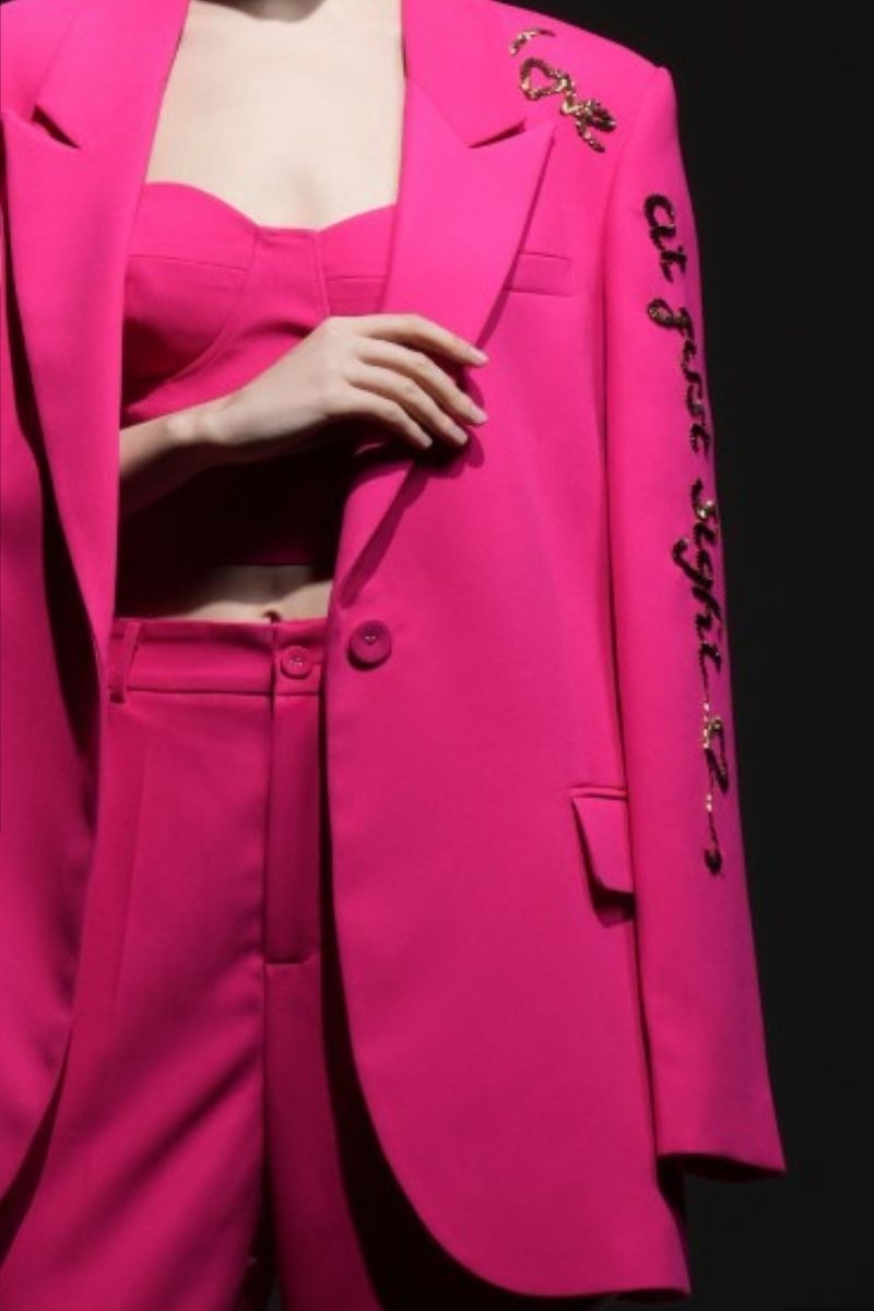 Pink Erica texture attached jacket set from 21Six, featuring a stylish co-ord with textured fabric and matching jacket and pants.