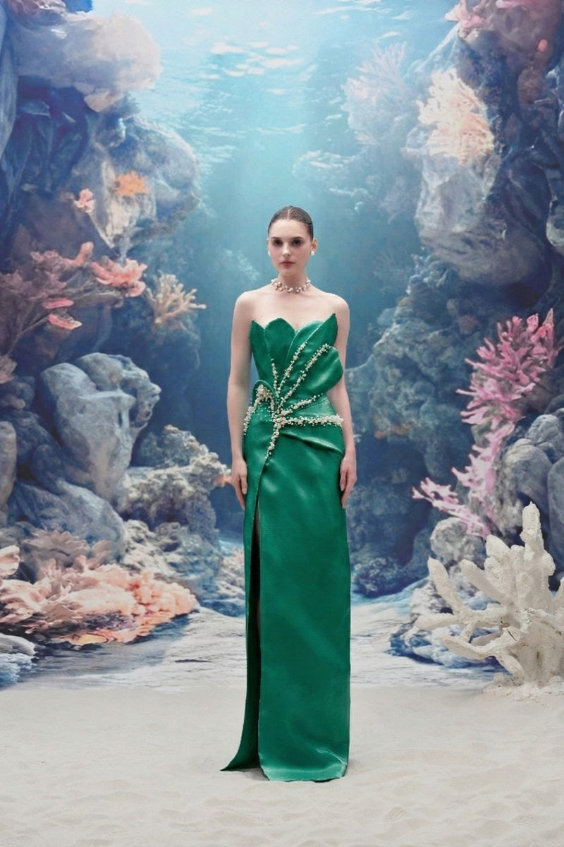 Emerald green Sirena water silk taffeta gown by 21Six, flowing elegant dress with a flattering fit and luxurious fabric.