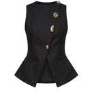 Keira Tong button-up tweed vest featuring a classic tailored design with front buttons and textured woven fabric.