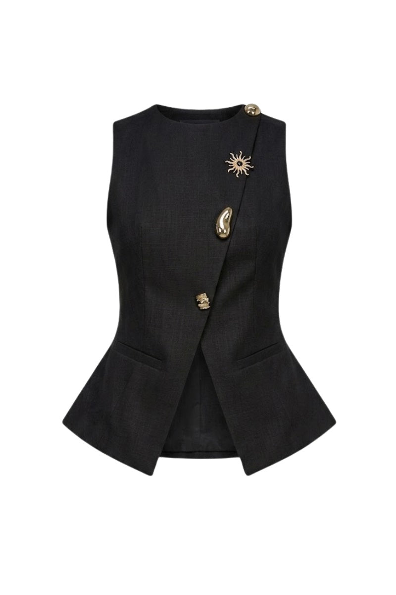 Keira Tong button-up tweed vest with front buttons, tailored fit, and textured fabric, displayed on a plain background.