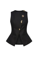 Keira Tong button-up tweed vest featuring a classic tailored design with front buttons and textured woven fabric.