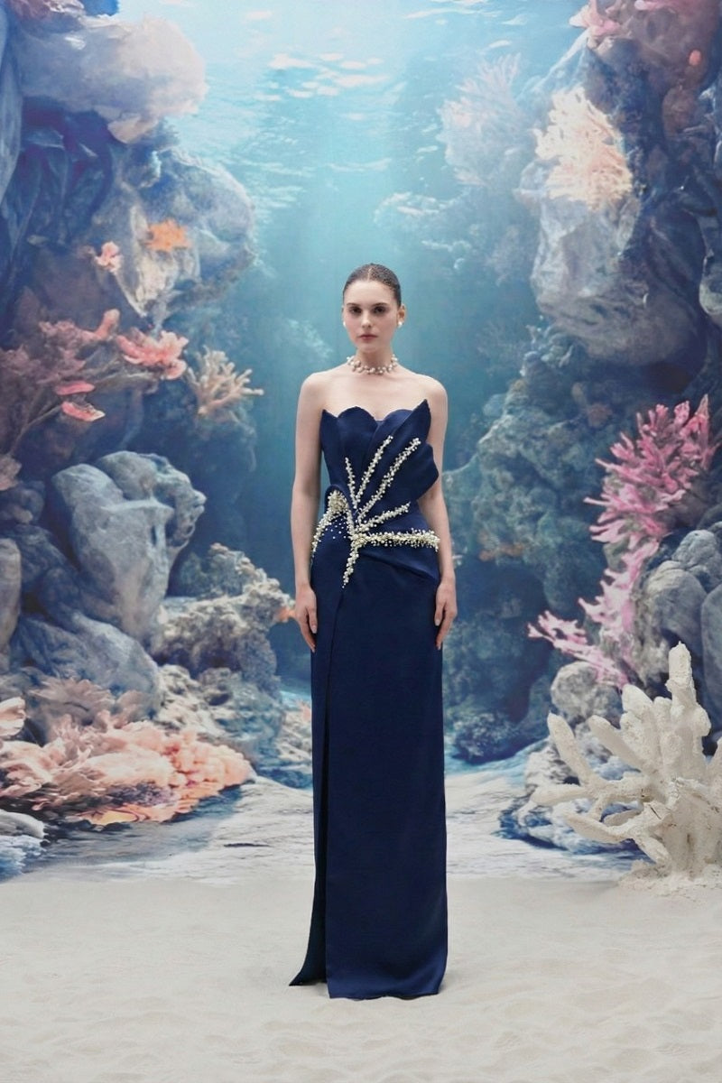 Dark navy Sirena Water Silk Taffeta gown by 21Six, featuring elegant flowing fabric and a sophisticated silhouette.