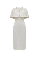White Plan ivory pearl cape midi dress featuring elegant pearl embellishments and flowing fabric, perfect for formal occasions.