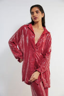 Deme By Gabriella Tracy red sequin co-ord set featuring a fitted top and matching high-waisted pants, sparkling and stylish for evening wear.