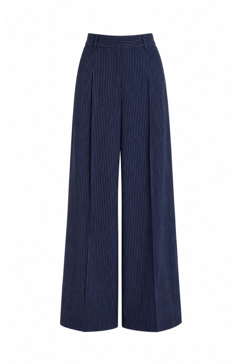 Keira Tong stripe wide-leg pants featuring a loose fit, high waist, and bold vertical stripe pattern, shown on a model.