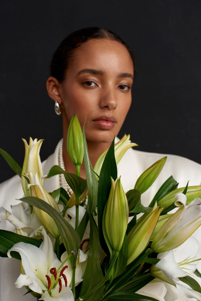 Ecru vegan silk blazer by Acaria Studio, stylish jacket with a sleek fit and smooth texture, perfect for elegant casual wear.