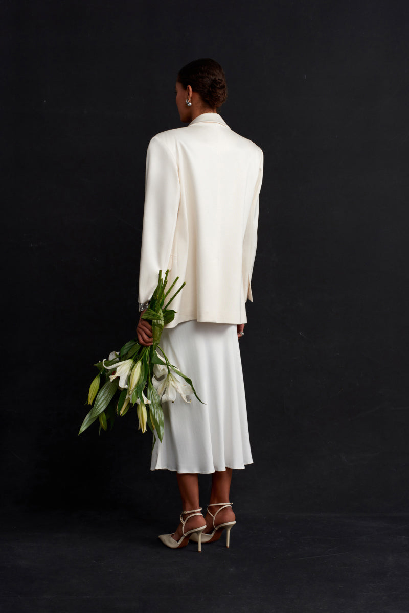 Ecru vegan silk blazer by Acaria Studio, tailored jacket with sleek design and minimalist style, perfect for elegant casual wear.