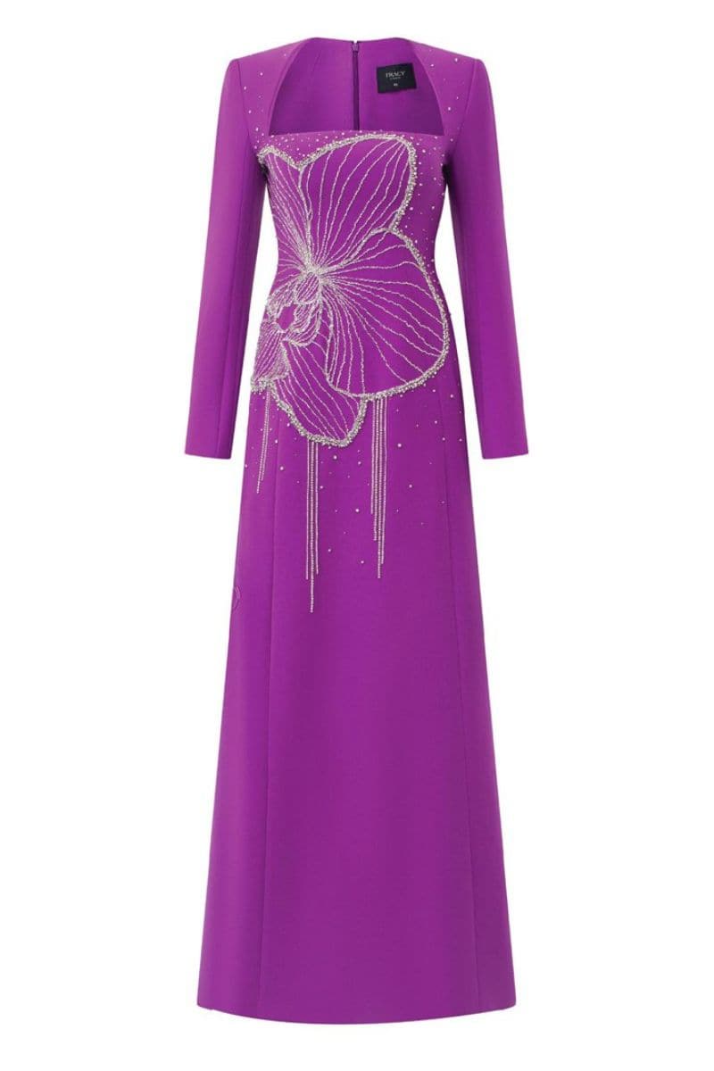 PURPLE CRYSTAL EMBELLISHED LONG SLEEVES GOWN - CULT MIA