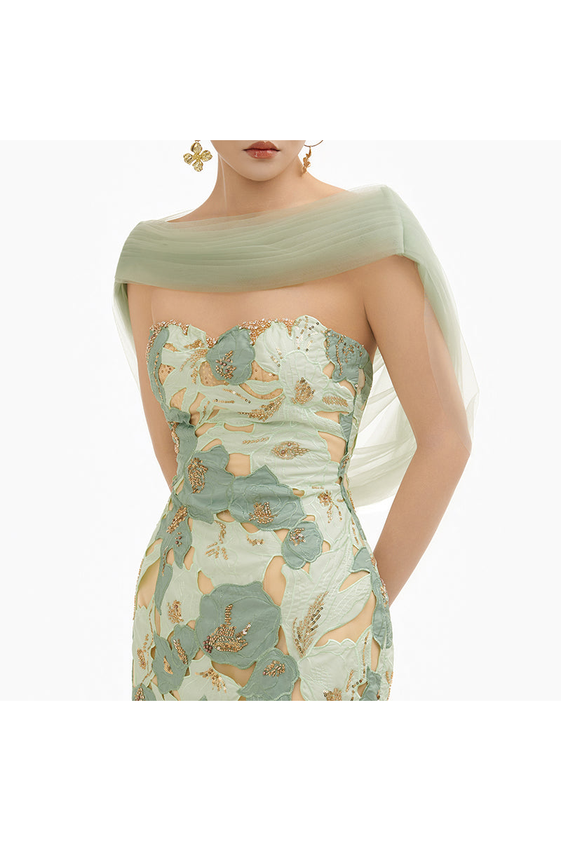 Elegant floral maxi dress with shawl by Happy Clothing, featuring mint green fabric and intricate floral patterns.