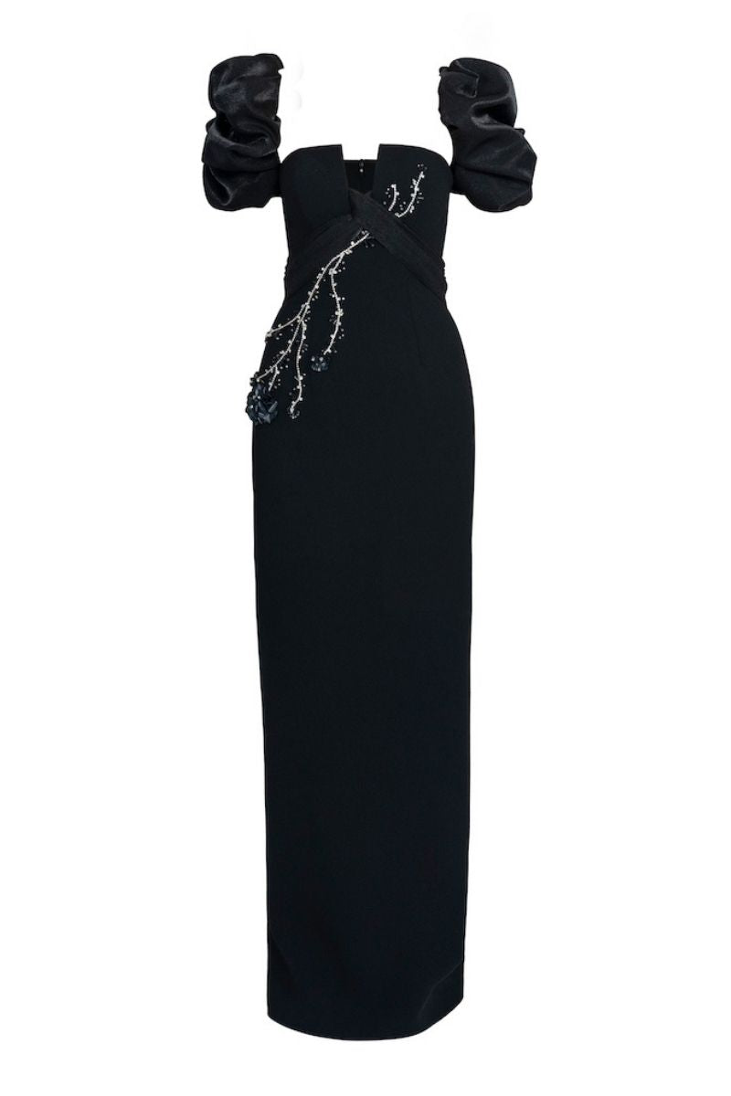 BLACK BALLOON SLEEVE LONG DRESS - CULT MIA