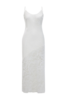 Bocan Couture Elia long rayon nightgown with off-white lace detailing, flowing sleepwear with elegant lace accents.