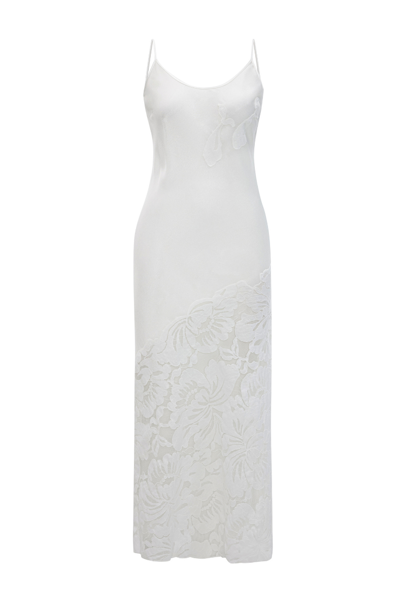 Bocan Couture Elia long rayon nightgown with off-white lace detailing, flowing sleepwear with elegant lace accents.
