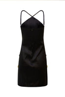 LEDIEL ZULEMA black mini dress, fitted sleeveless style with a V-neck, shown on a hanger against a white background.