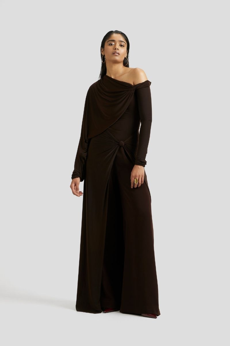 Deme By Gabriella Bria co-ord set in chocolate brown, featuring a matching top and bottom with a stylish, coordinated look.