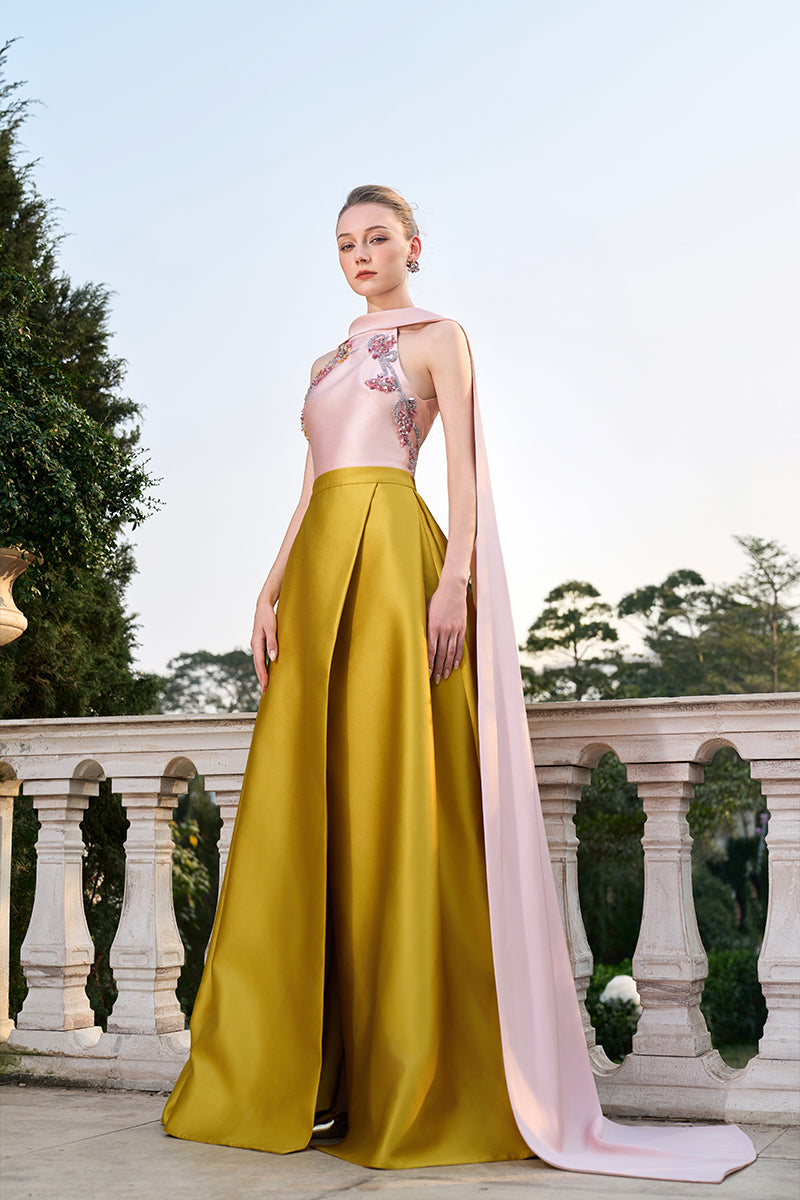 Pink and yellow bamboo taffeta gown by Tracy Studio, flowing dress with elegant fabric and detailed design.