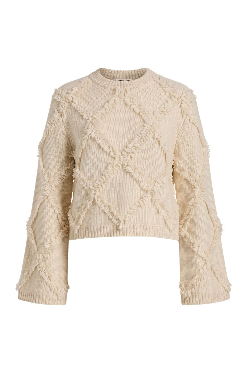 Rebecca Taylor Thea fringe sweater in alabaster, featuring a cozy knit with fringe details and long sleeves.