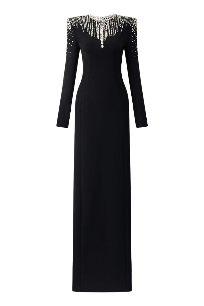 BLACK LONG SLEEVE OPEN BACK GOWN - CULT MIA
