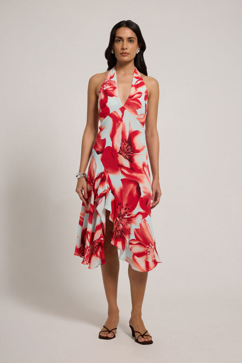 Summer Away Zerina Coral Floral Midi Dress with vibrant floral pattern and flowing fabric, perfect for warm-weather occasions.