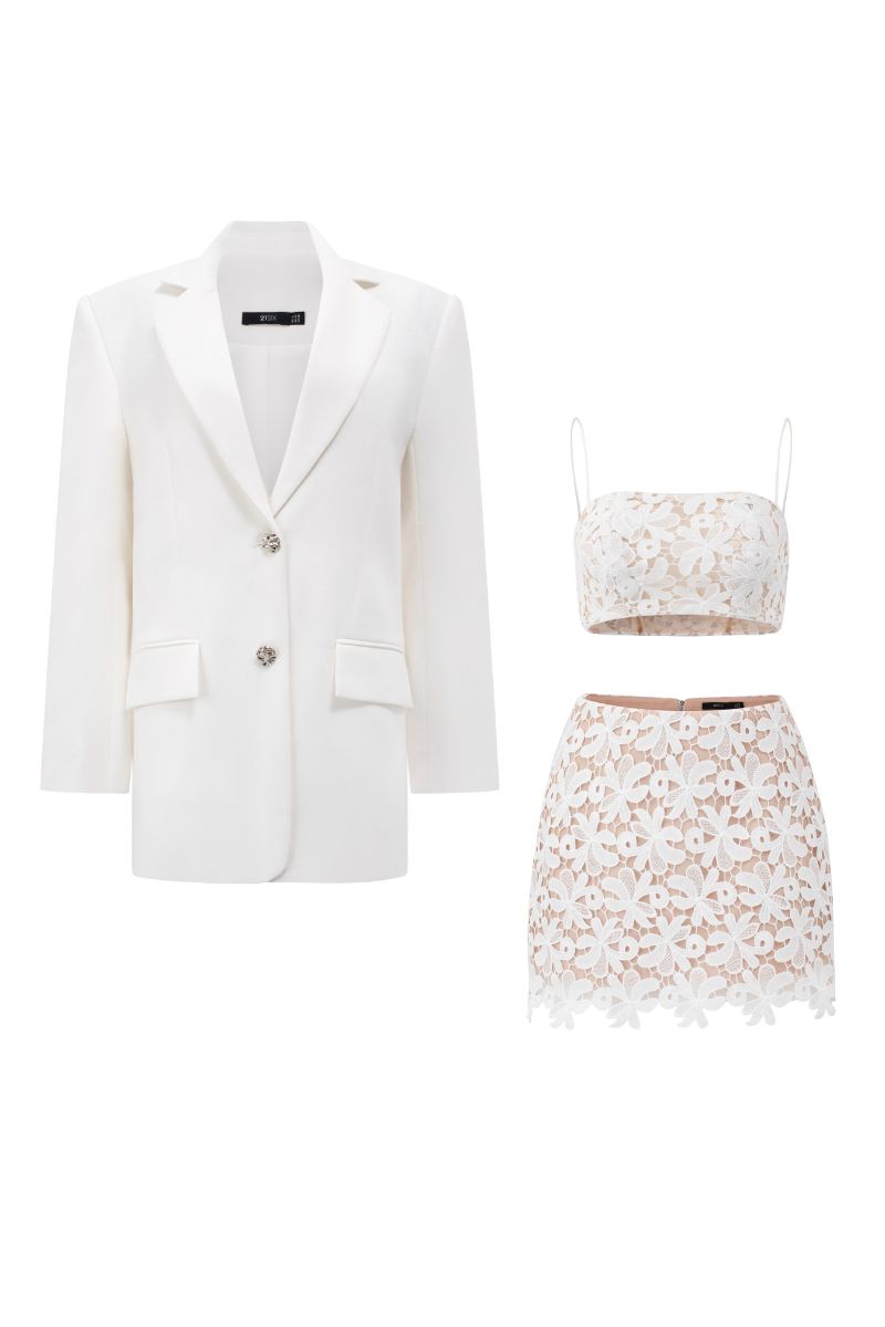 21Six Agnes floral lace crop top and skirt co-ords set, featuring intricate lace details and a matching coordinated design.