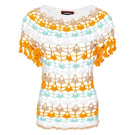 Handmade crochet top by Andreeva featuring vibrant orange and blue Bird of Paradise design, showcasing intricate needlework.
