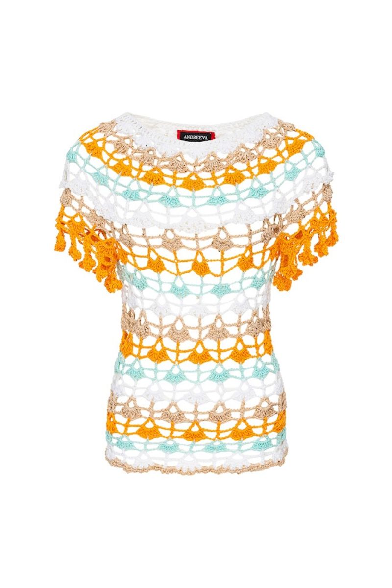 Handmade crochet top by Andreeva featuring vibrant orange and blue Bird of Paradise design, showcasing intricate needlework.