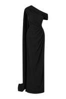 Le Thanh Hoa Midnight Serenade Gown featuring elegant dark fabric and intricate design, showcased on a model.