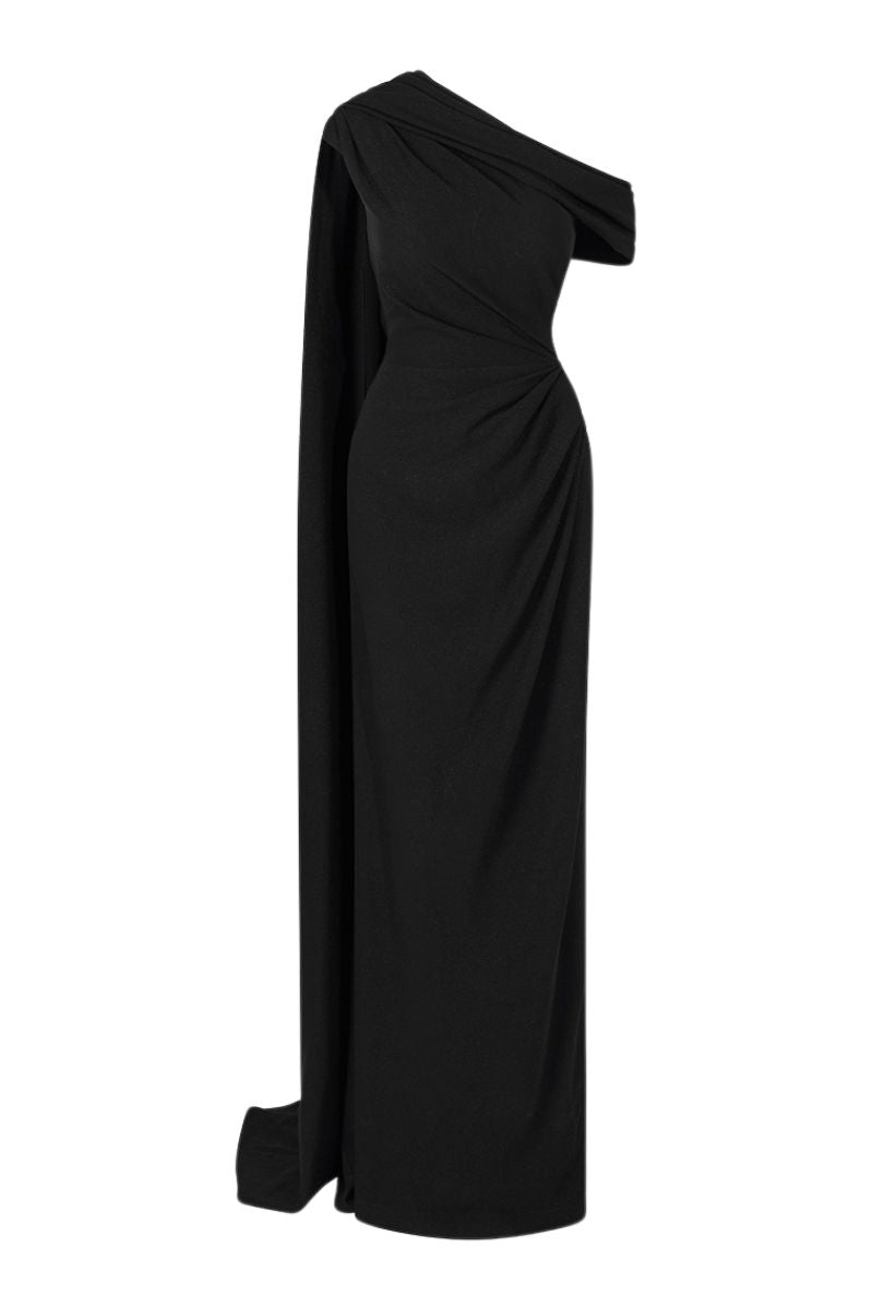 Le Thanh Hoa Midnight Serenade Gown featuring elegant dark fabric and intricate design, showcased on a model.