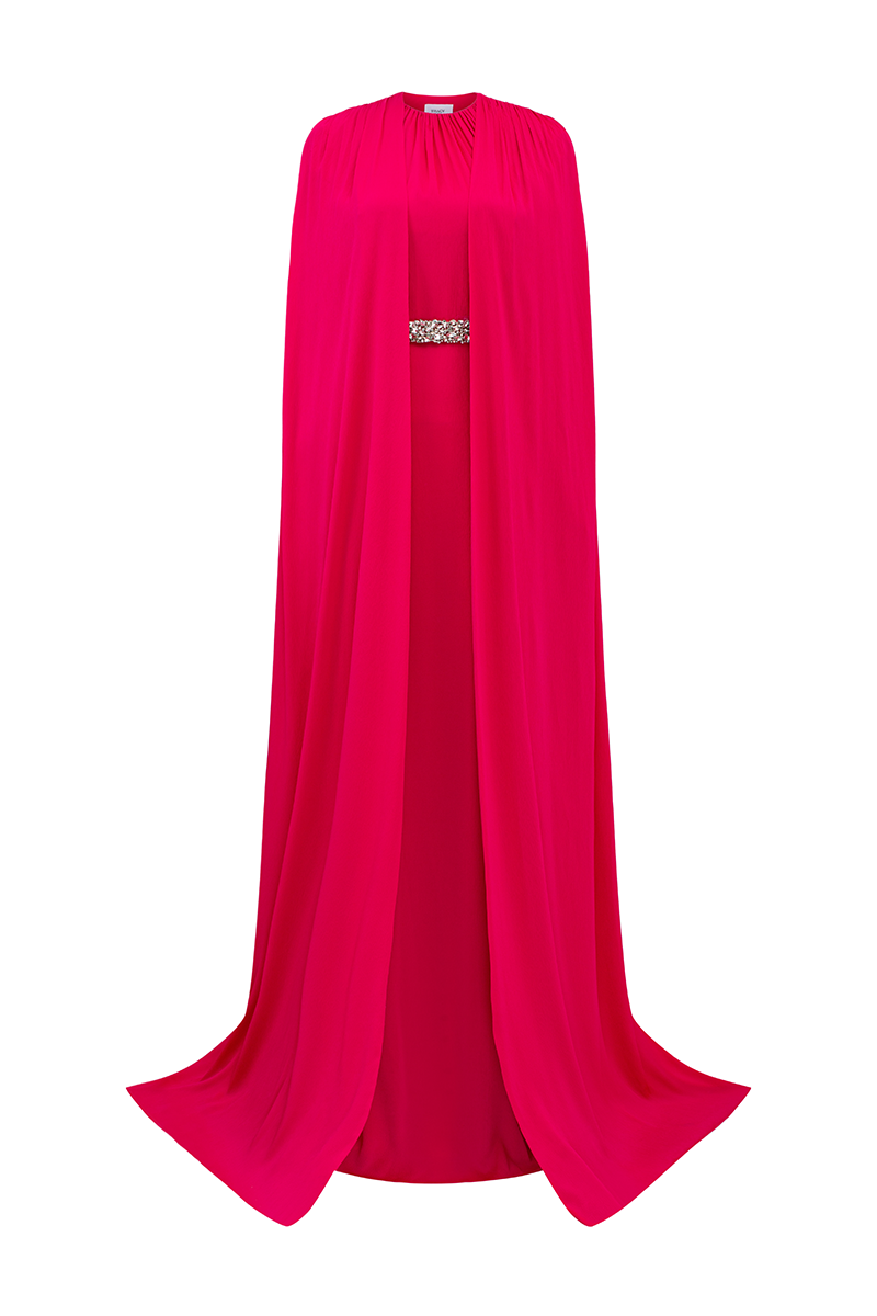 PINK ROUND NECK GATHERED GOWN WITH STONE EMBELLISHED BELT - CULT MIA