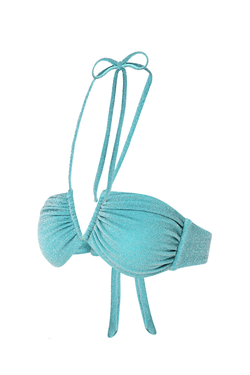 Suncillo Virna sparkly turquoise bikini top with shimmering fabric and halter neckline, beachwear for summer.
