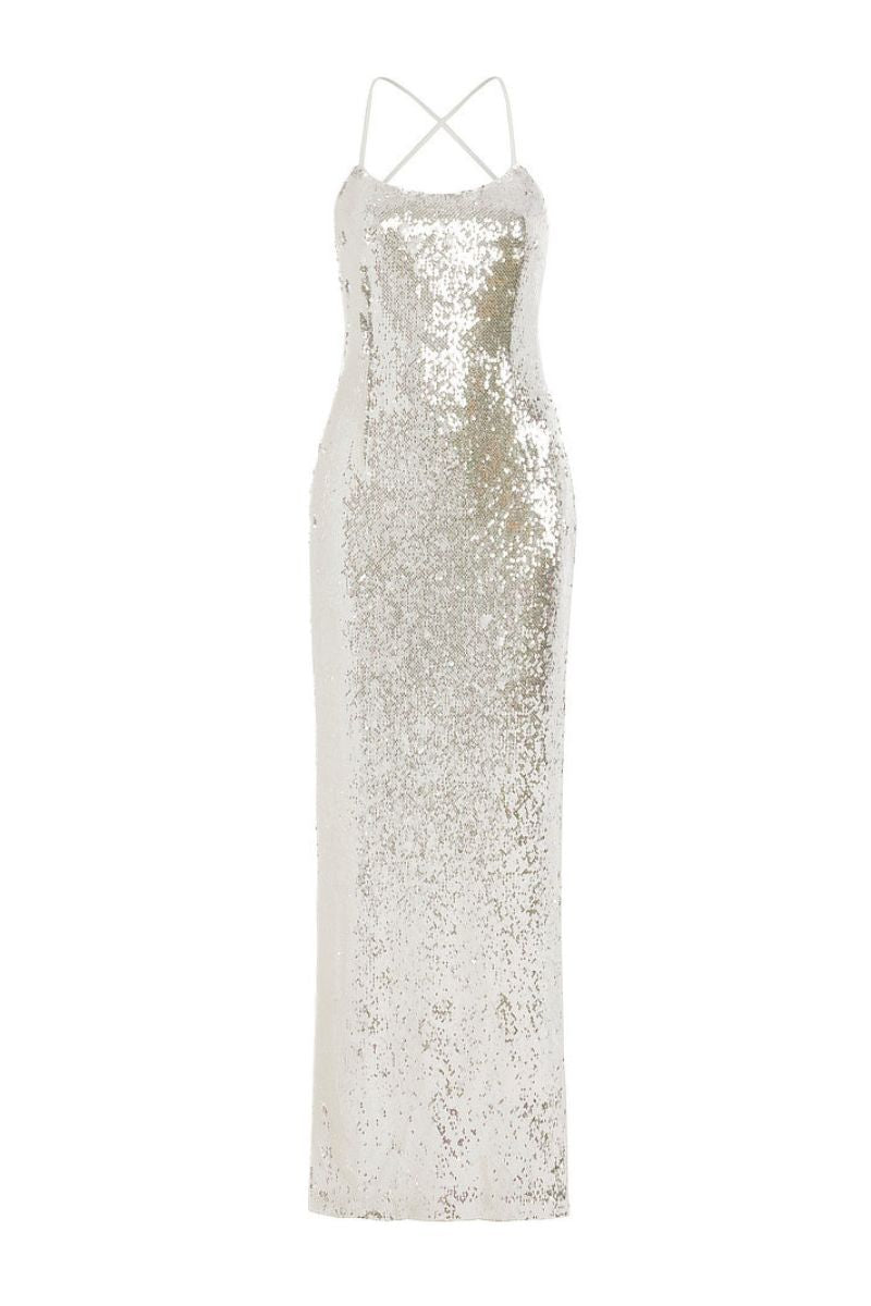 SILVER SPARKLING OPEN BACK GOWN - CULT MIA