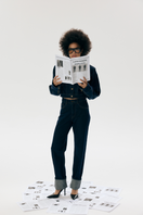 LARETAGGIO hero mid waist straight leg denim jeans with classic five-pocket design and light blue wash.