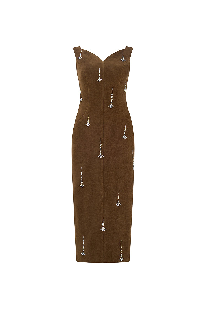 SWEETHEART NECK BROWN MIDI DRESS WITH CRYSTAL DROPLETS