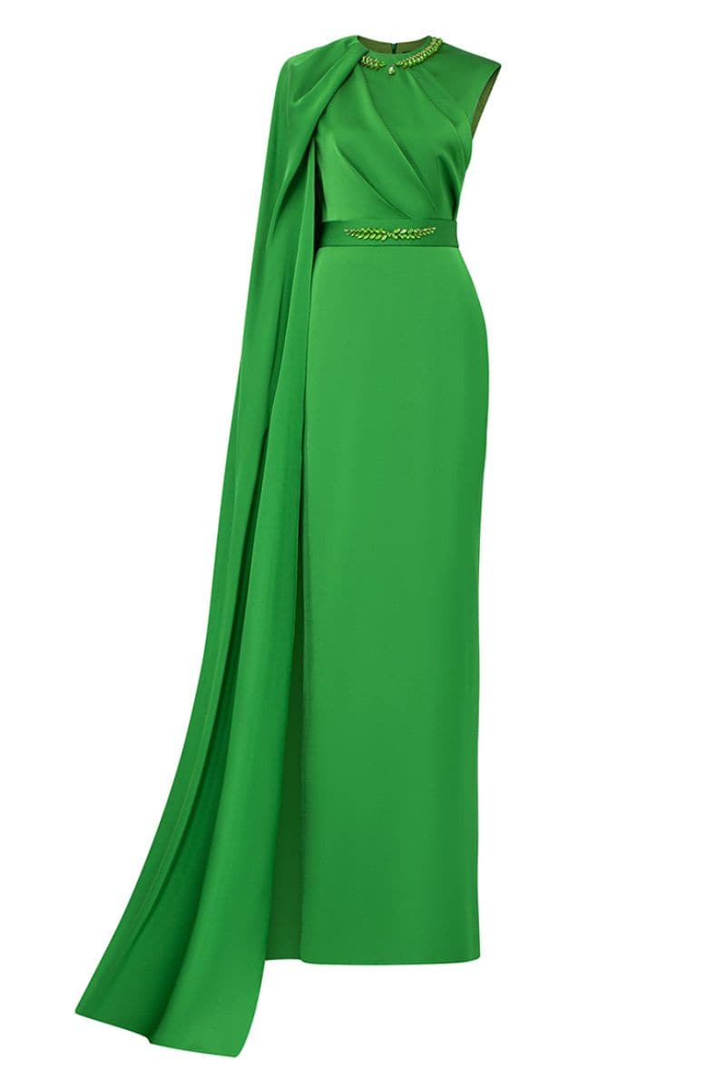 GREEN ONE-SHOULDER CAPE DRAPED SILK DRESS - CULT MIA