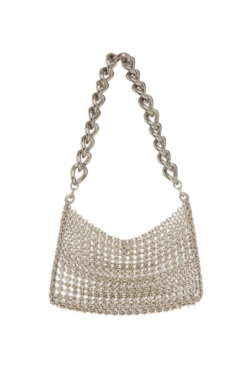 Silvia Gnecchi AMATA chain shoulder bag with silver hardware, black leather strap and stylish design, close-up view of bag details