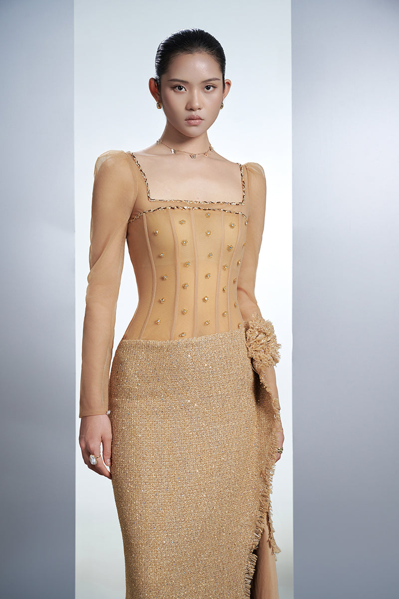 CRYSTAL BODYCON TWEED MAXI DRESS IN BEIGE - CULT MIA