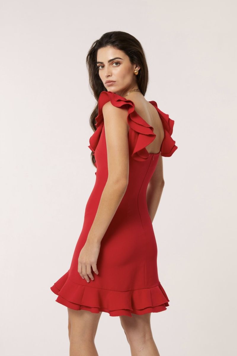 Señorita Penelope red mini dress with fitted silhouette and sleeveless design, showcased on a mannequin.