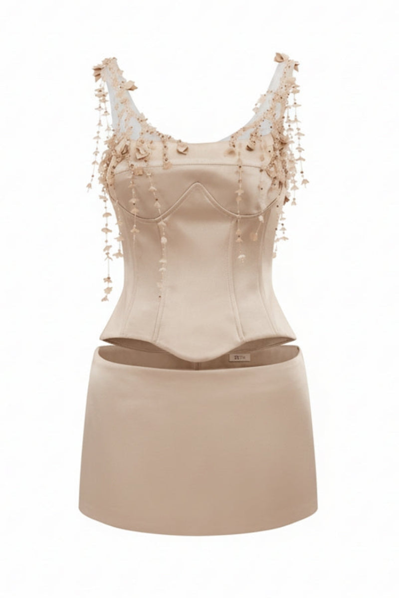 Beige silk taffeta co-ord set featuring the Delilah top and Marielle skirt by 21Six, shown on a neutral background.