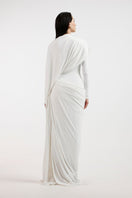 Elegant white draped gown by Deme By Gabriella, featuring flowing fabric and sophisticated design for formal occasions.