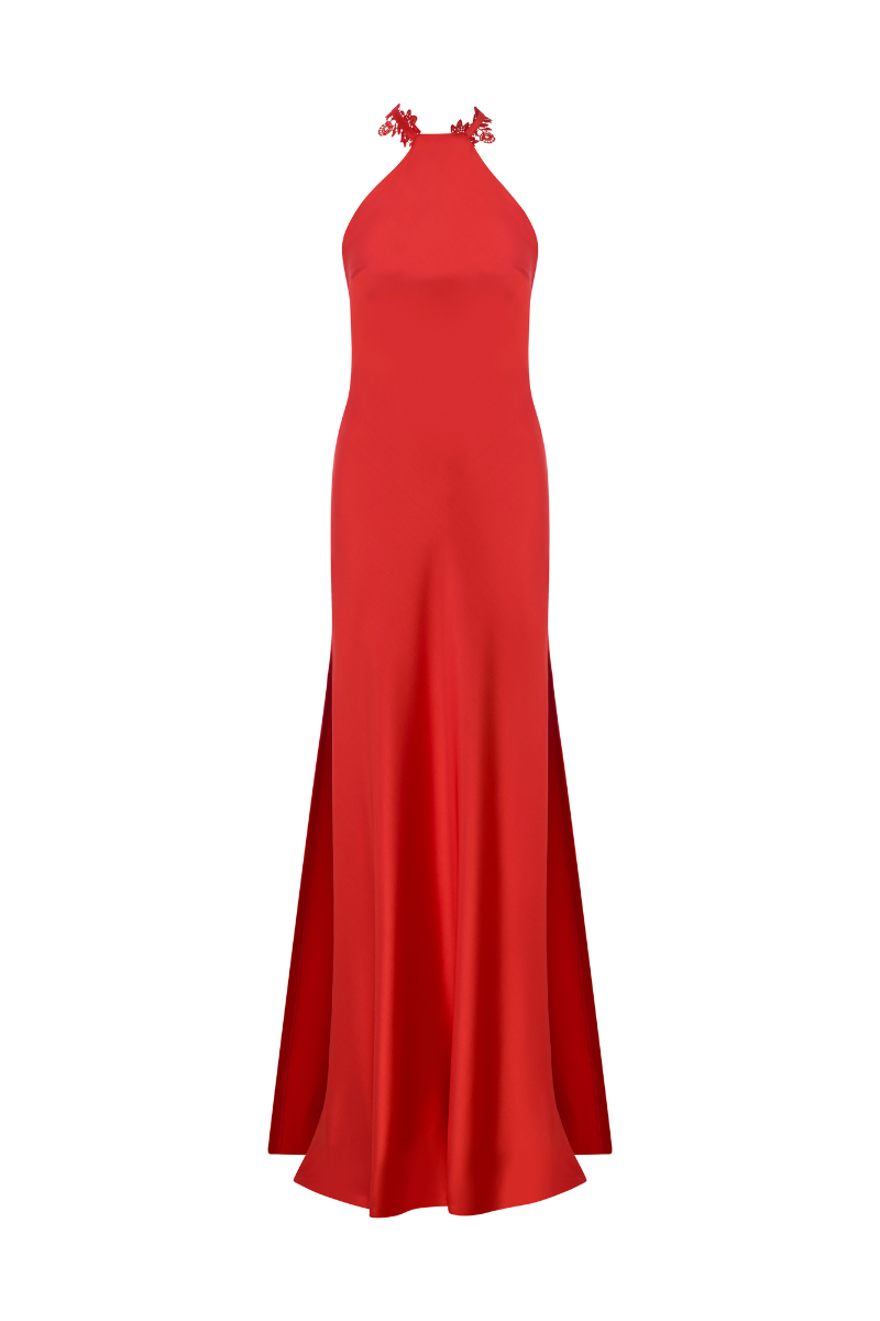 HALTER NECK MAXI SATIN DRESS WITH LACE TRIMMINGS - CULT MIA
