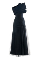 Black CULT MIA X HAPPY CLOTHING Lester A-line organza gown displayed on a hanger with flowing fabric and elegant design.
