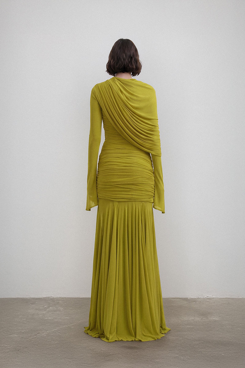 Deme By Gabriella Oakland gown, elegant evening dress with flowing fabric and intricate details, suitable for formal occasions.