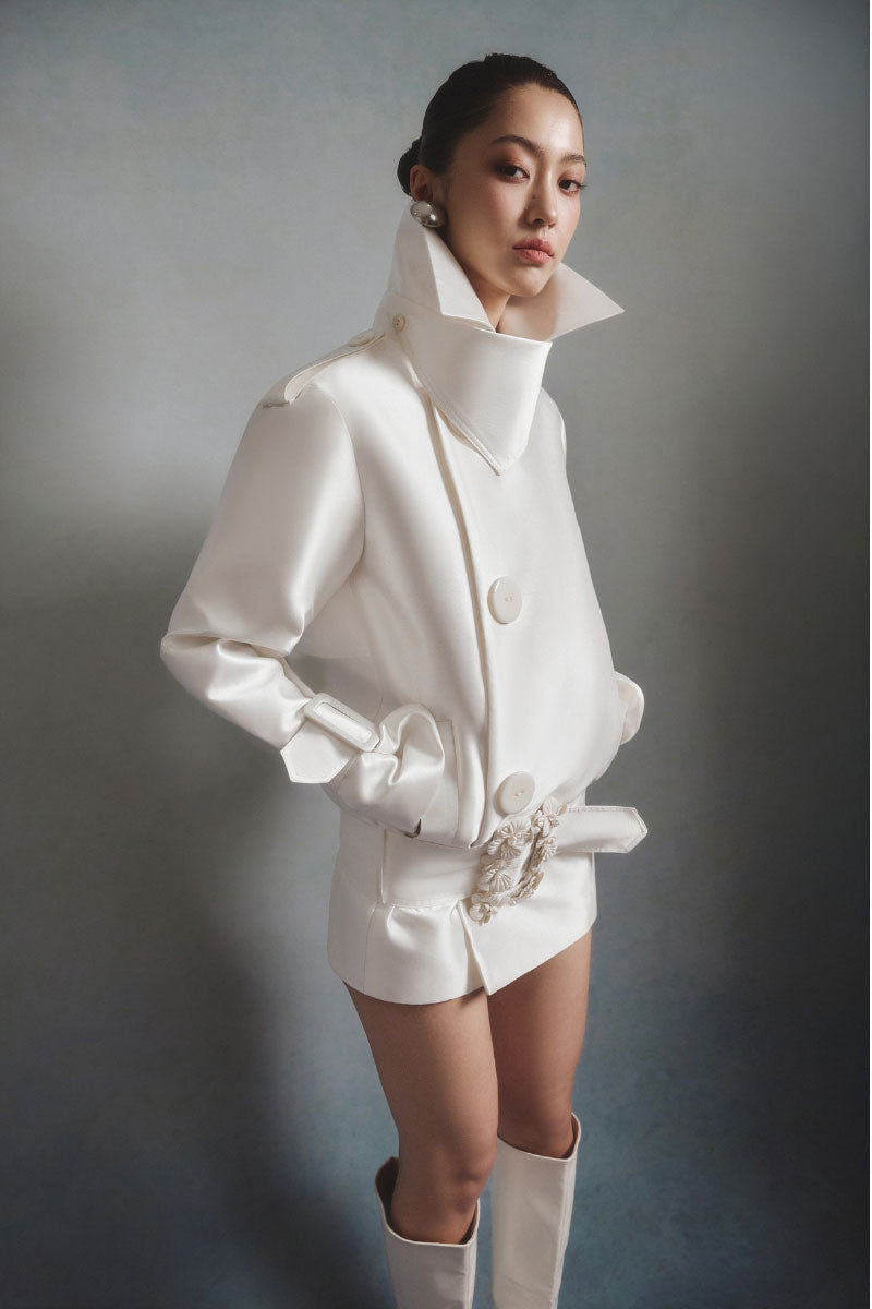 White Plan Aurora Sculpted Jacket with tailored fit, featuring sleek design and structured silhouette, suitable for stylish outerwear.