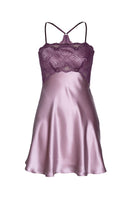 NK IMODE Raquel feminine lounge swing silk chemise in mauve, featuring a smooth, flowing nightgown with delicate straps and elegant design.