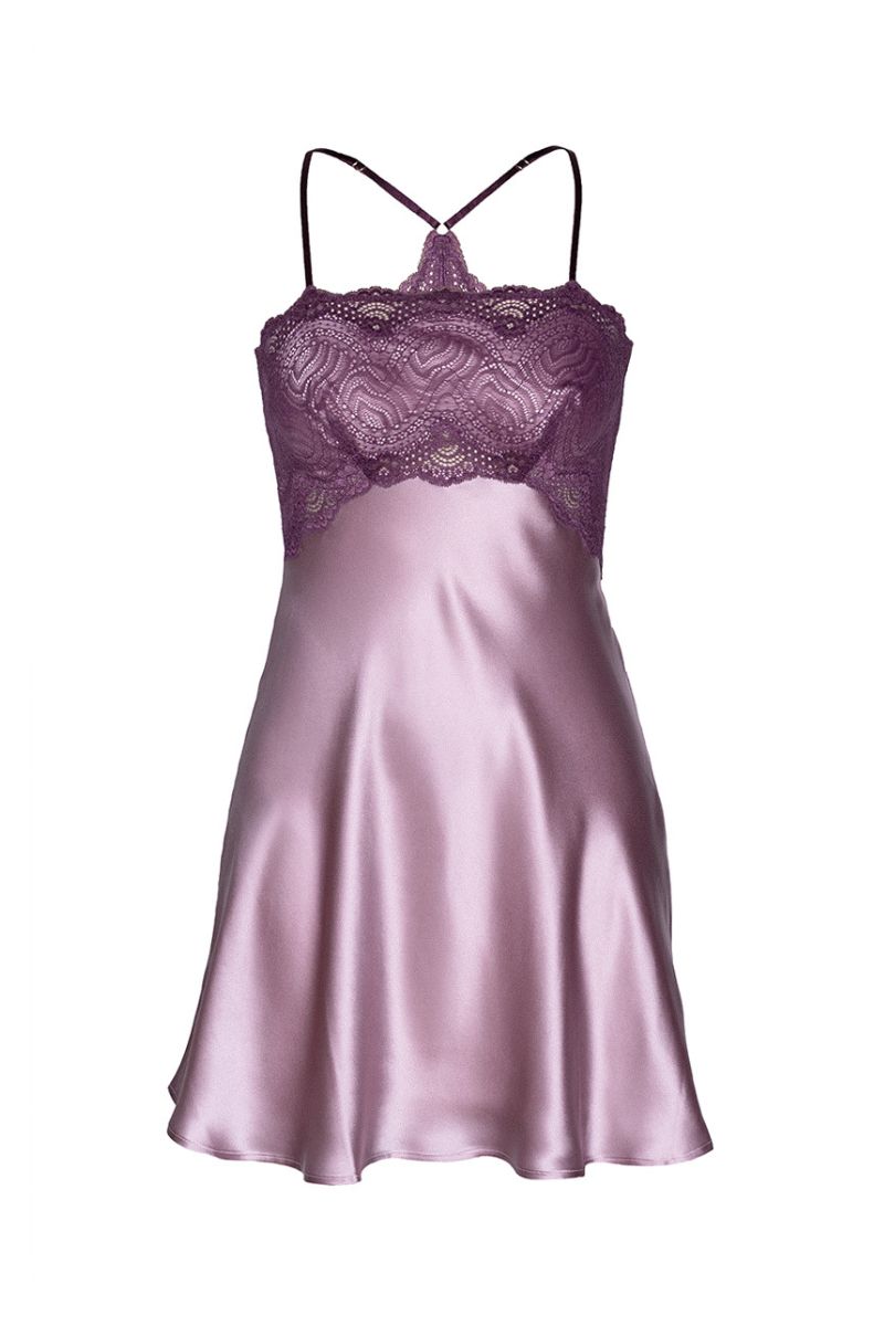 NK IMODE Raquel feminine lounge swing silk chemise in mauve, featuring a smooth, flowing nightgown with delicate straps and elegant design.